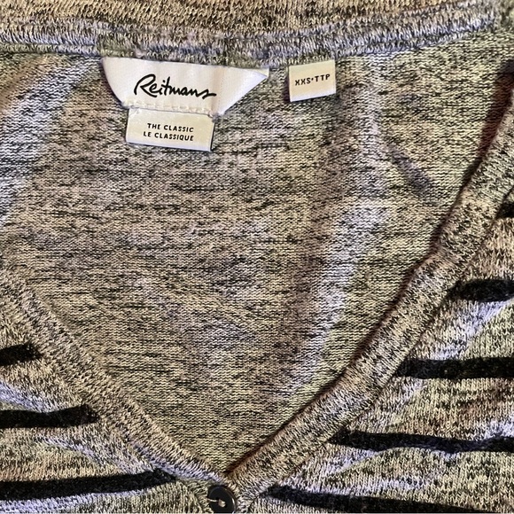 Reitmans top grey with black stripes. Stretchy fabric button down v neck sweater - Picture 2 of 10